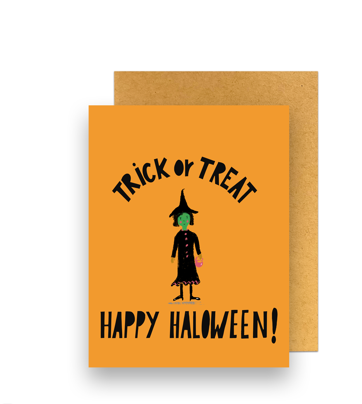 A greeting card with an orange background, featuring a cartoon witch's face in the center, and the text 'TRICK OR TREAT!' and 'HAPPY HALLOWEEN!' below it. The card is blank on the inside and has a Kraft paper envelope.