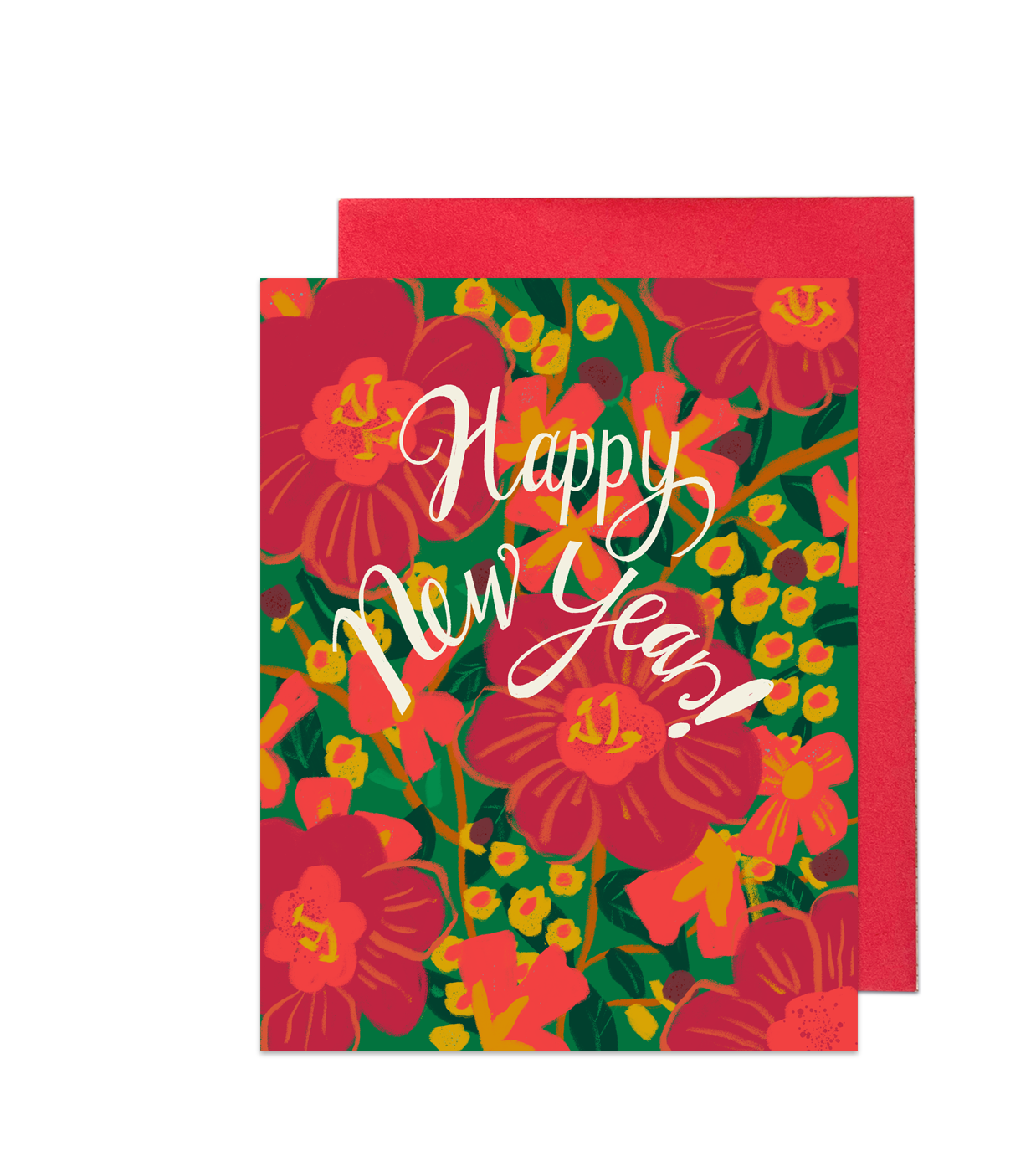 Happy New Year! with beautiful red flowers